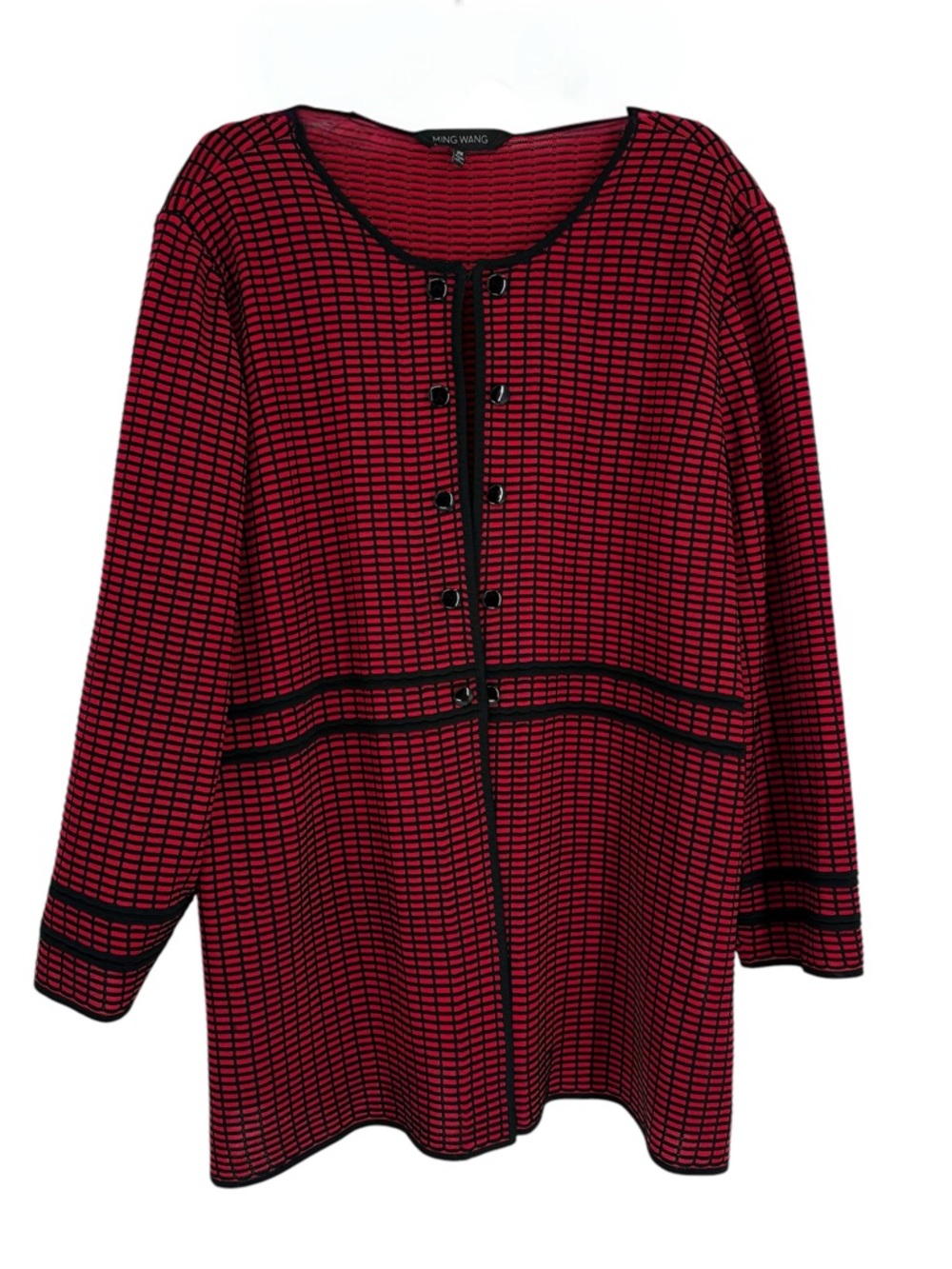 MING WANG Knit Jacket Cardigan Red Black Size 2X Faux Button Collarless